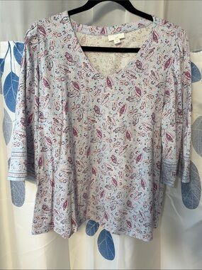J. Jill Light Blue Long Sleeve Top with Purple & Coral Floral Print